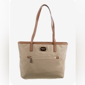 Michael Kors Montauk Classic Beige Nylon Tote Bag with Brown Leather Trim